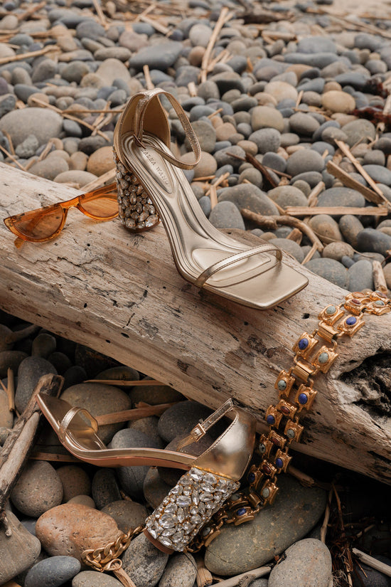 BERNELLE-GOLD RHINESTONE BLOCK HEELED SANDAL