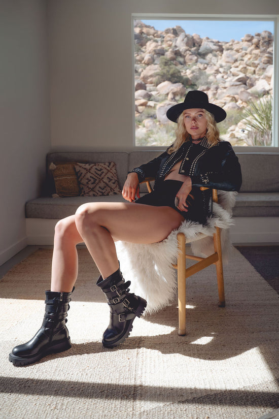 SPRIDY-BLACK BUCKLED COMBAT BOOTIE
