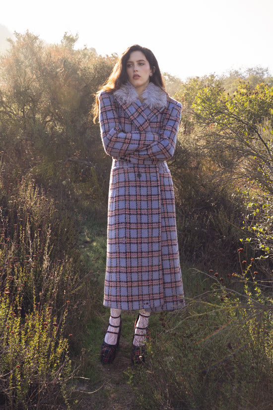 ALYSSA-LAVENDER FAUX FUR PLAID COAT