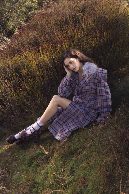 ALYSSA-LAVENDER FAUX FUR PLAID COAT