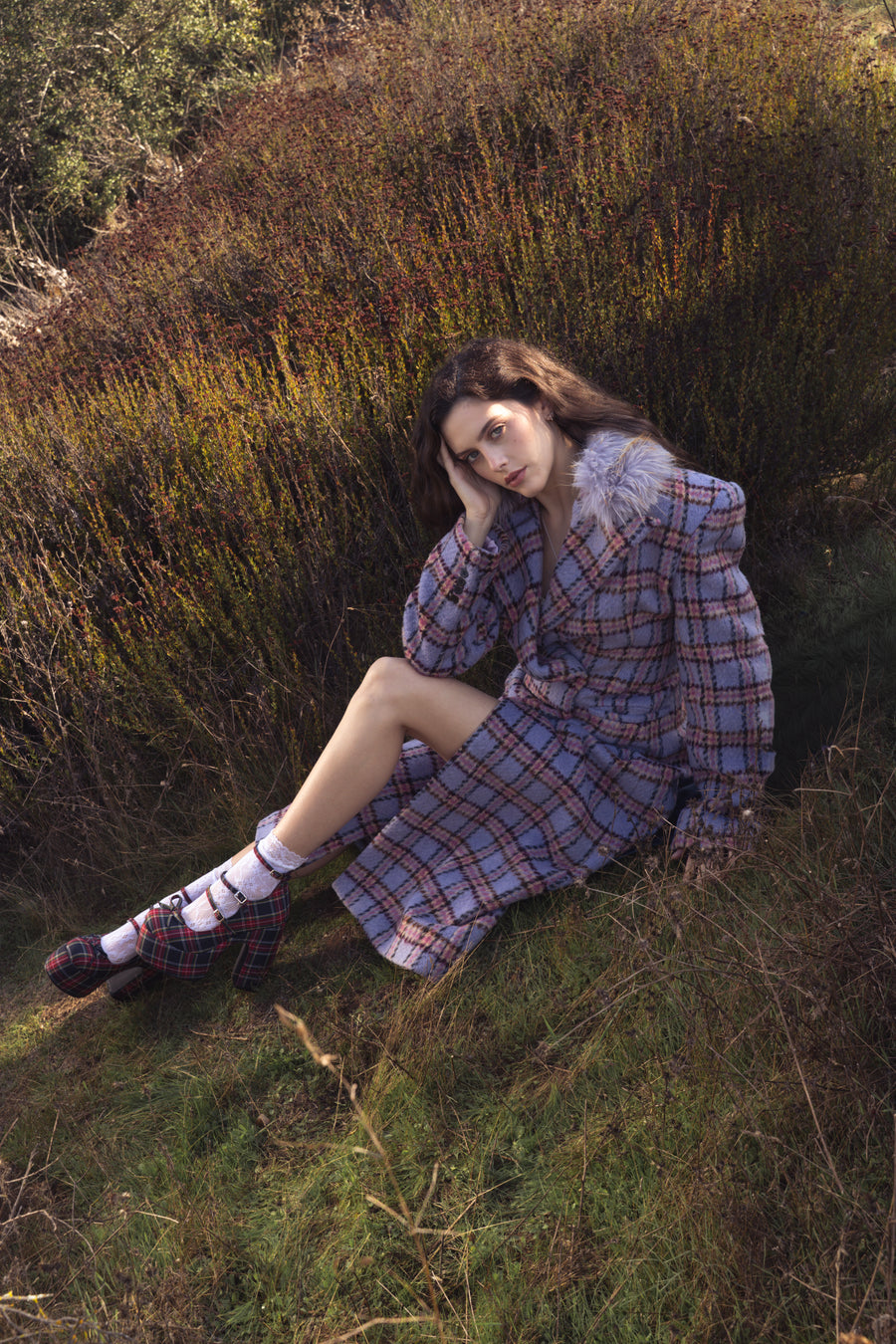 ALYSSA-LAVENDER FAUX FUR PLAID COAT