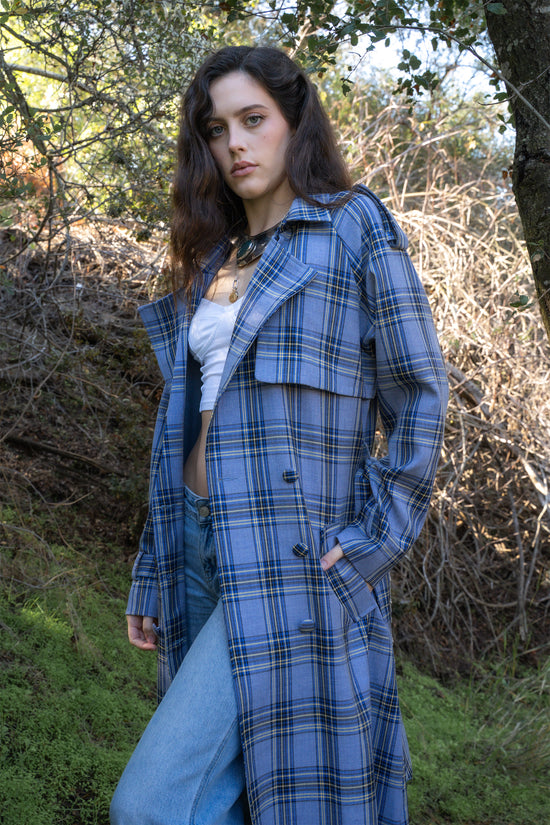 HOBBS-BLUE PLAID TRENCH JACKET