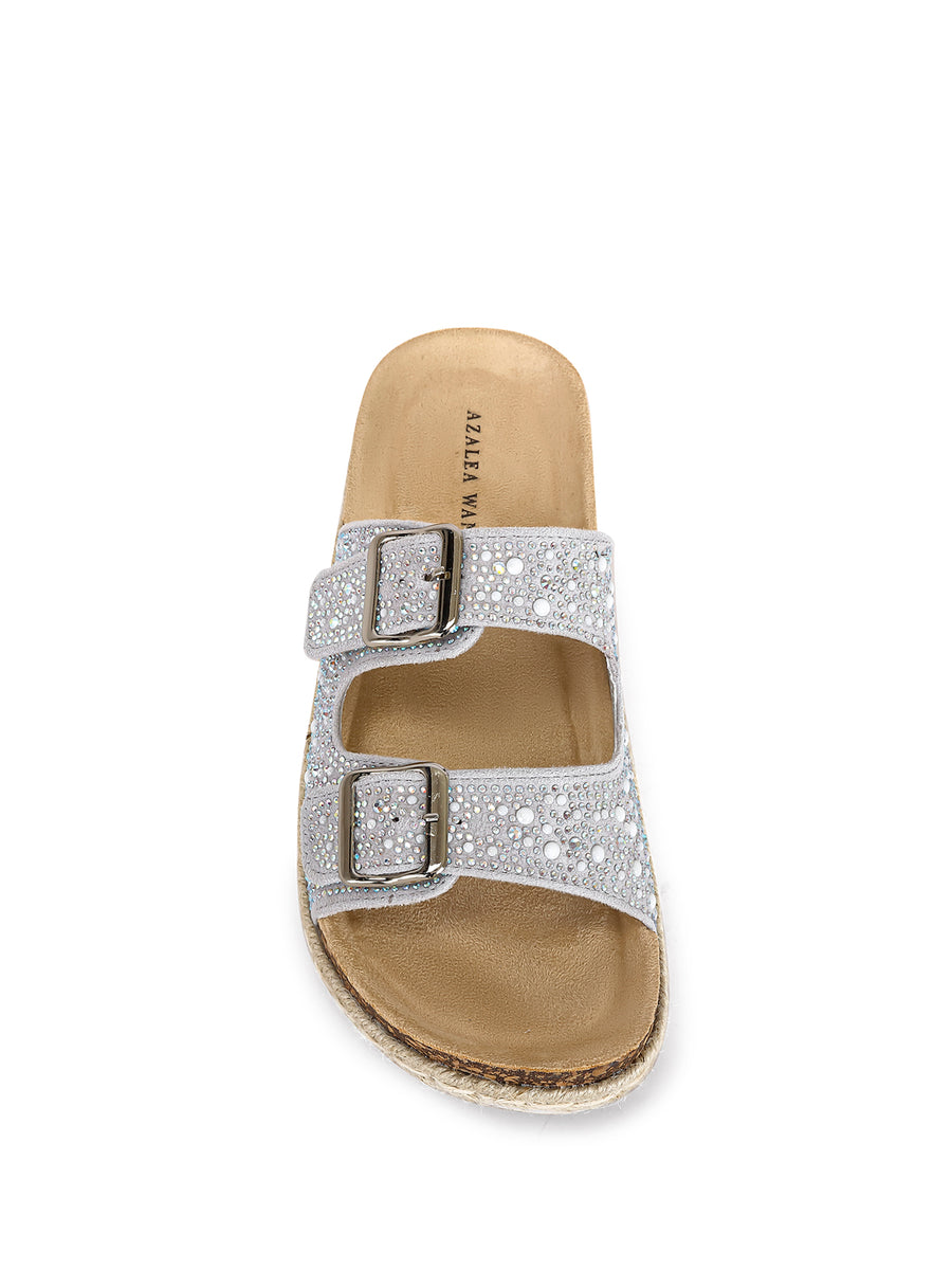 silver open toe flat sandals with a double strap  belted buckledesign