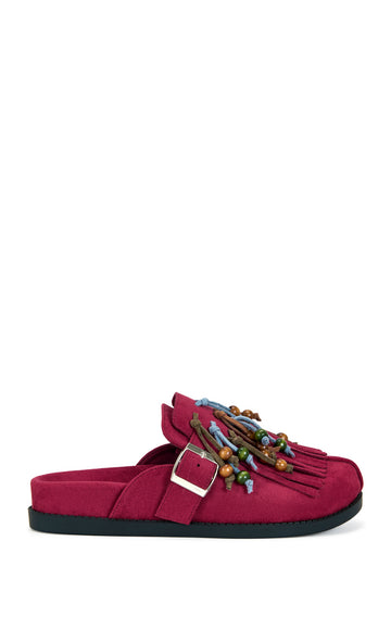 Burgundy faux suede slip on flat mules with beaded fringe tassels on the upper