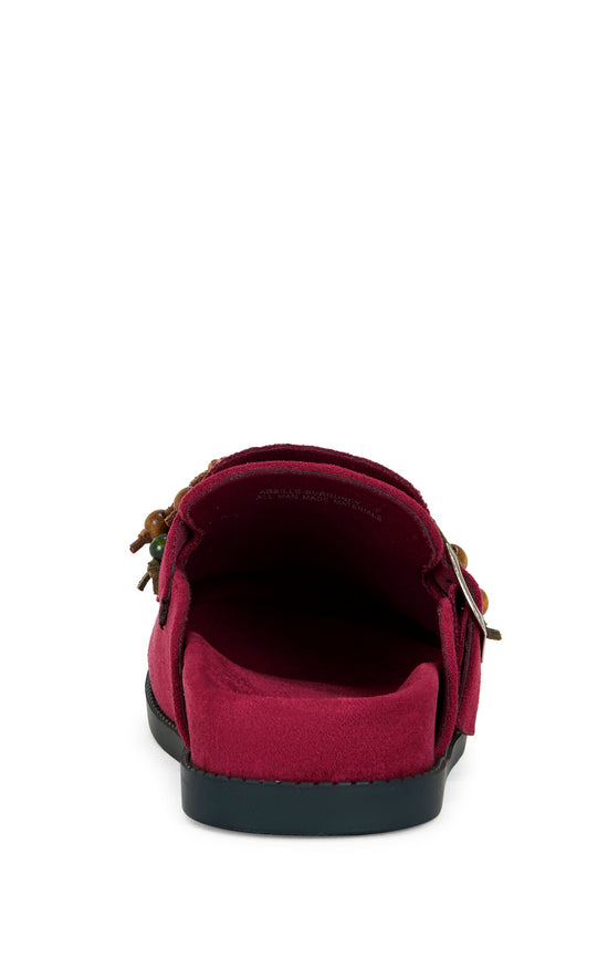 Burgundy faux suede slip on flat mules with beaded fringe tassels on the upper