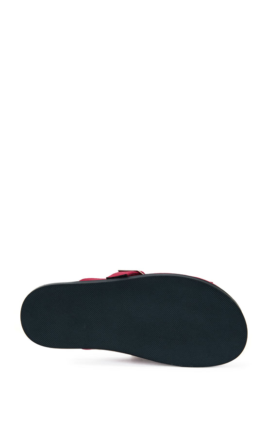 Burgundy faux suede slip on flat mules with beaded fringe tassels on the upper