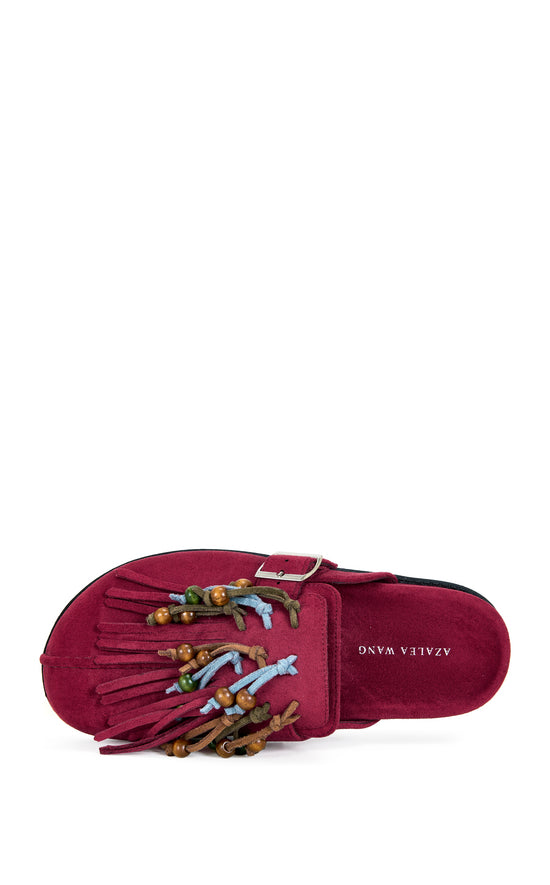 Burgundy faux suede slip on flat mules with beaded fringe tassels on the upper