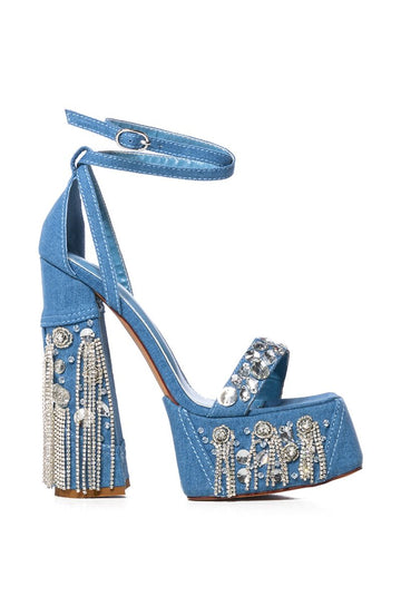 Denim platform heels with chain and rhinestone detail