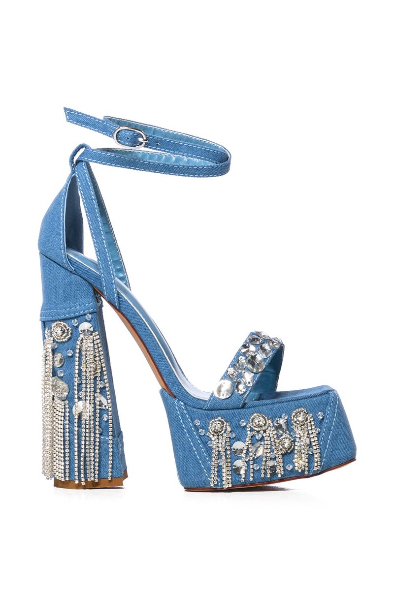 Denim platform heels with chain and rhinestone detail