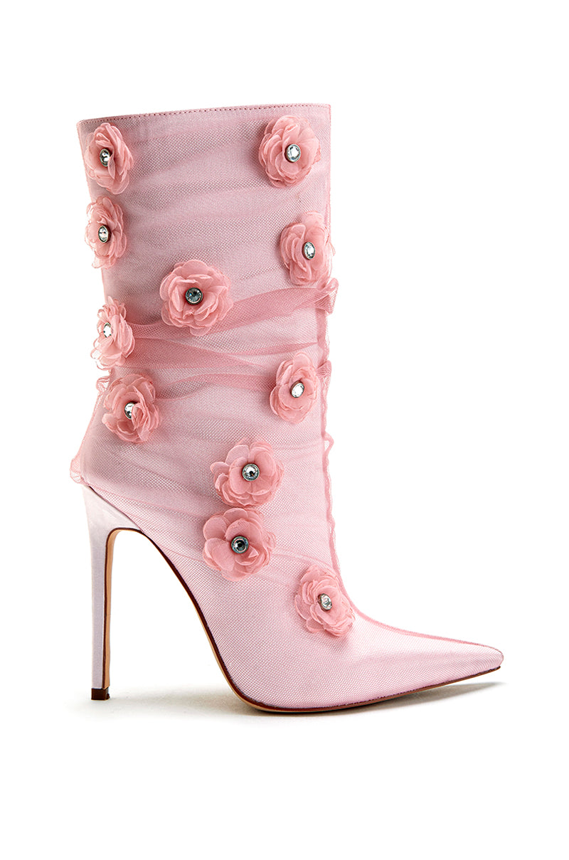 Baby pink stiletto heeled boots with flower detail and light pink tulle overlay