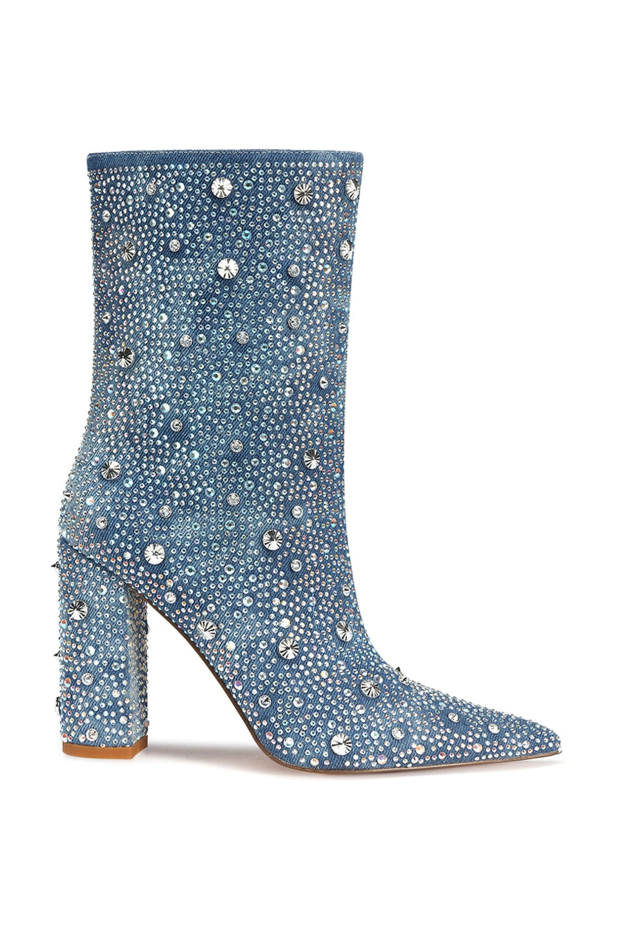 denim ankle bootie with a pointed toe, block heel, and rhinestone embellishments