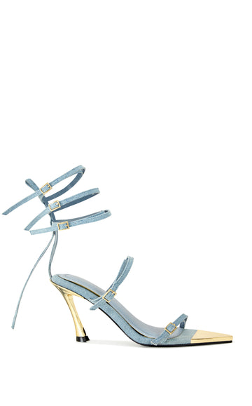 denim statement open toe heeled strappy sandals featuring a gold pointed toe and heel, finished with three denim belted ankle accents