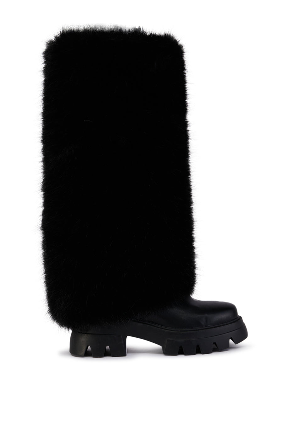 black faux leather knee high chunky boot with a black faux fur fold over shaft