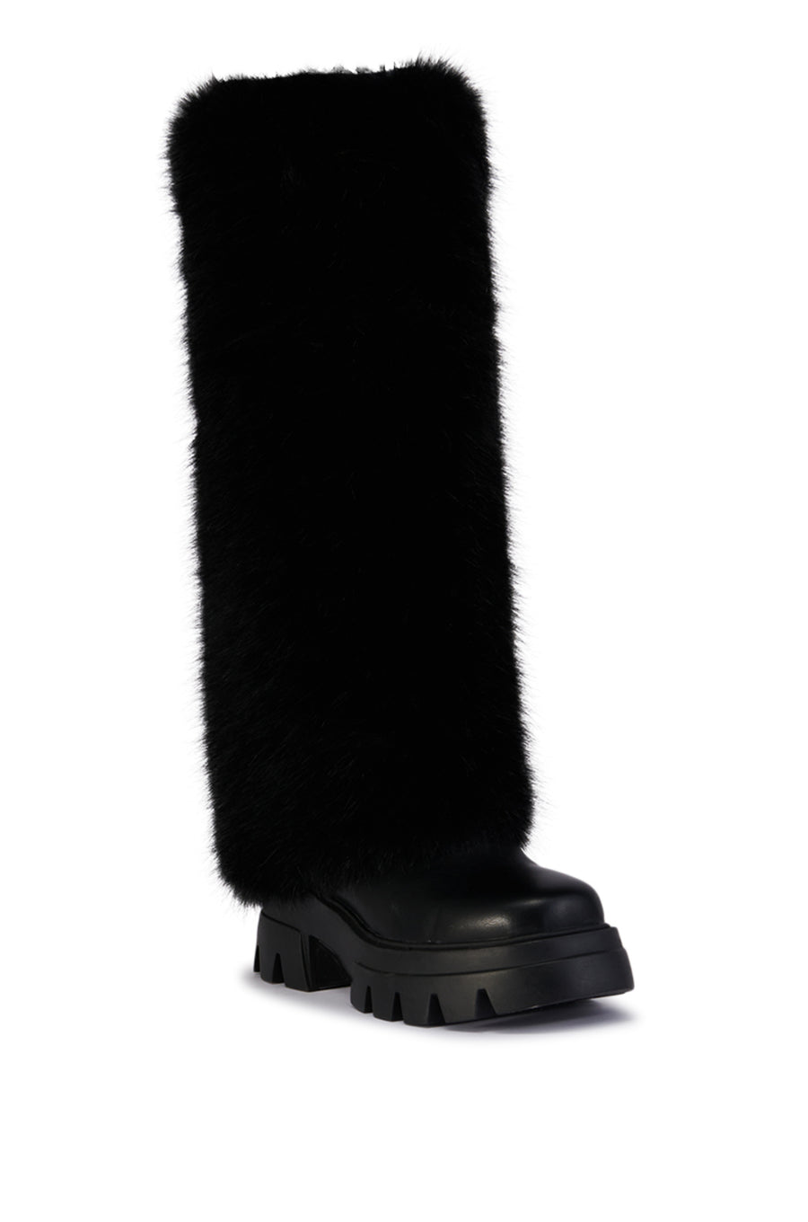 black faux leather knee high chunky boot with a black faux fur fold over shaft