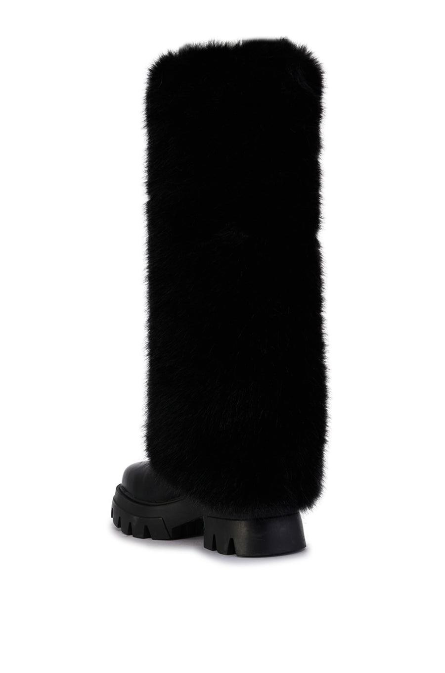 black faux leather knee high chunky boot with a black faux fur fold over shaft