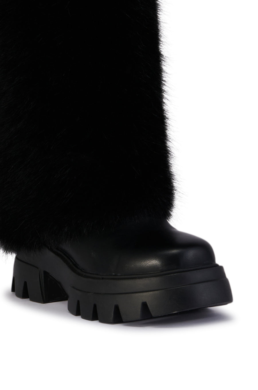 black faux leather knee high chunky boot with a black faux fur fold over shaft