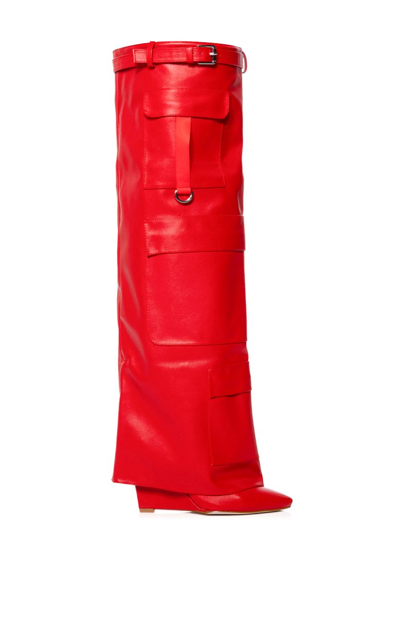 bright red faux leather fold over wedge heel boots