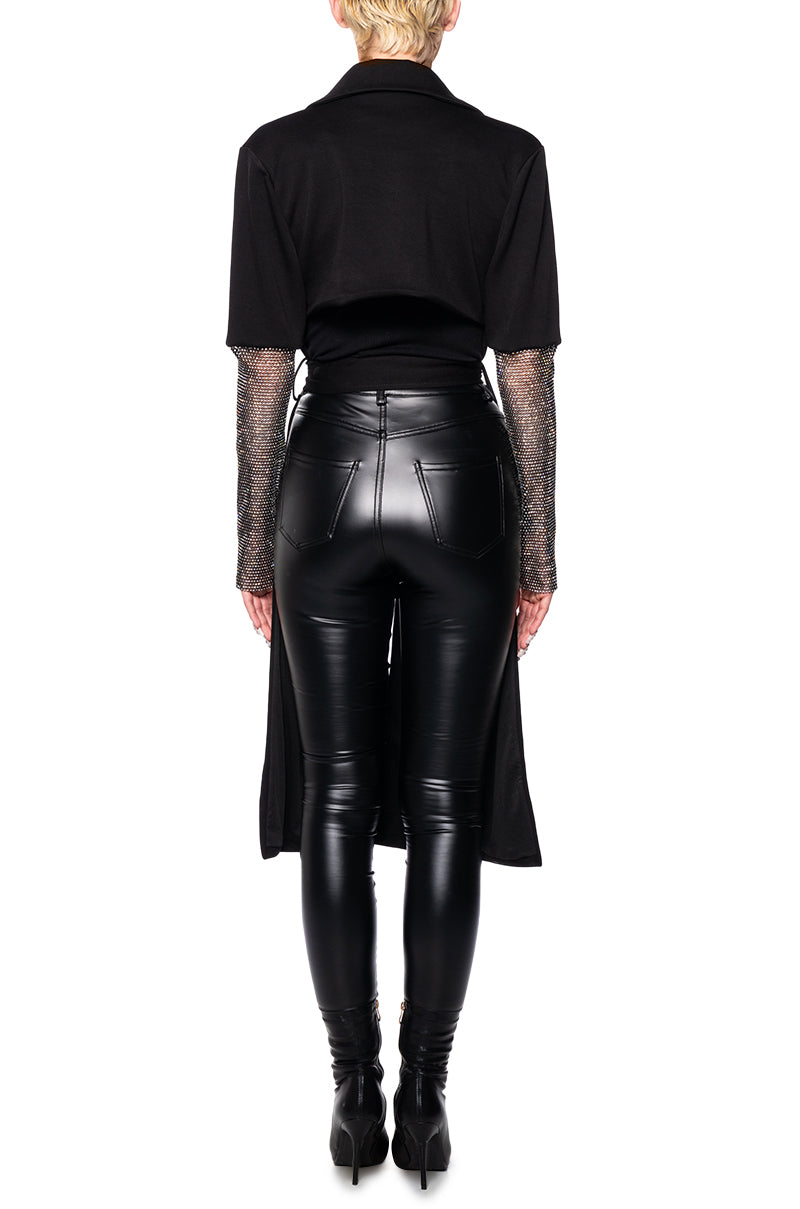 black asymmetrical trench jacket with mesh sleeves and a cropped back side and elongated front that ties in the center