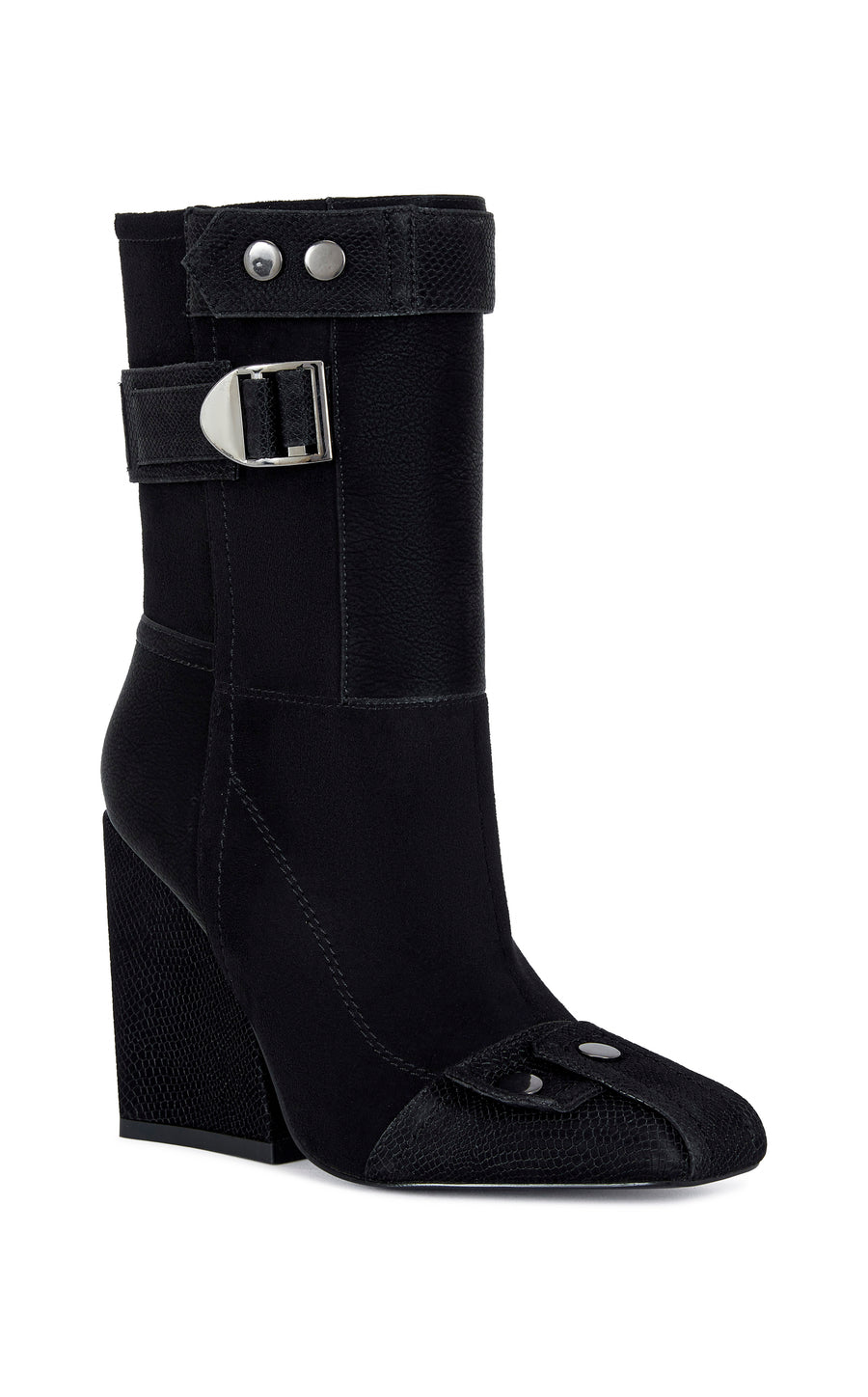 black faux suede statement bootie with a square toe, block heel, and silver studded accents 