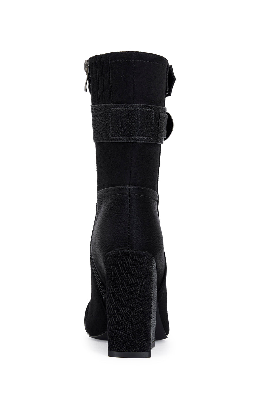 black faux suede statement bootie with a square toe, block heel, and silver studded accents 