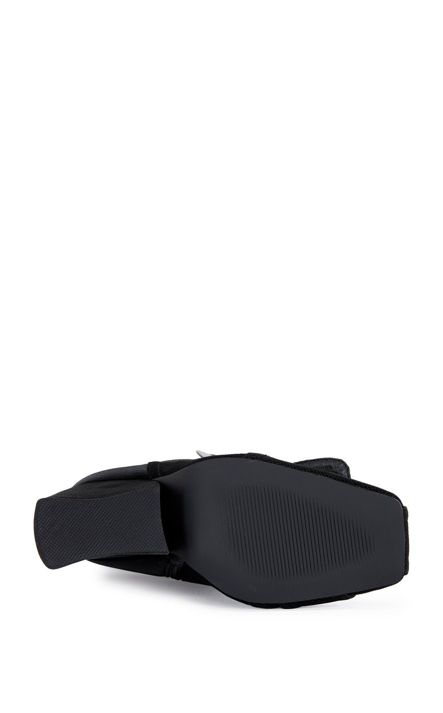 black faux suede statement bootie with a square toe, block heel, and silver studded accents 