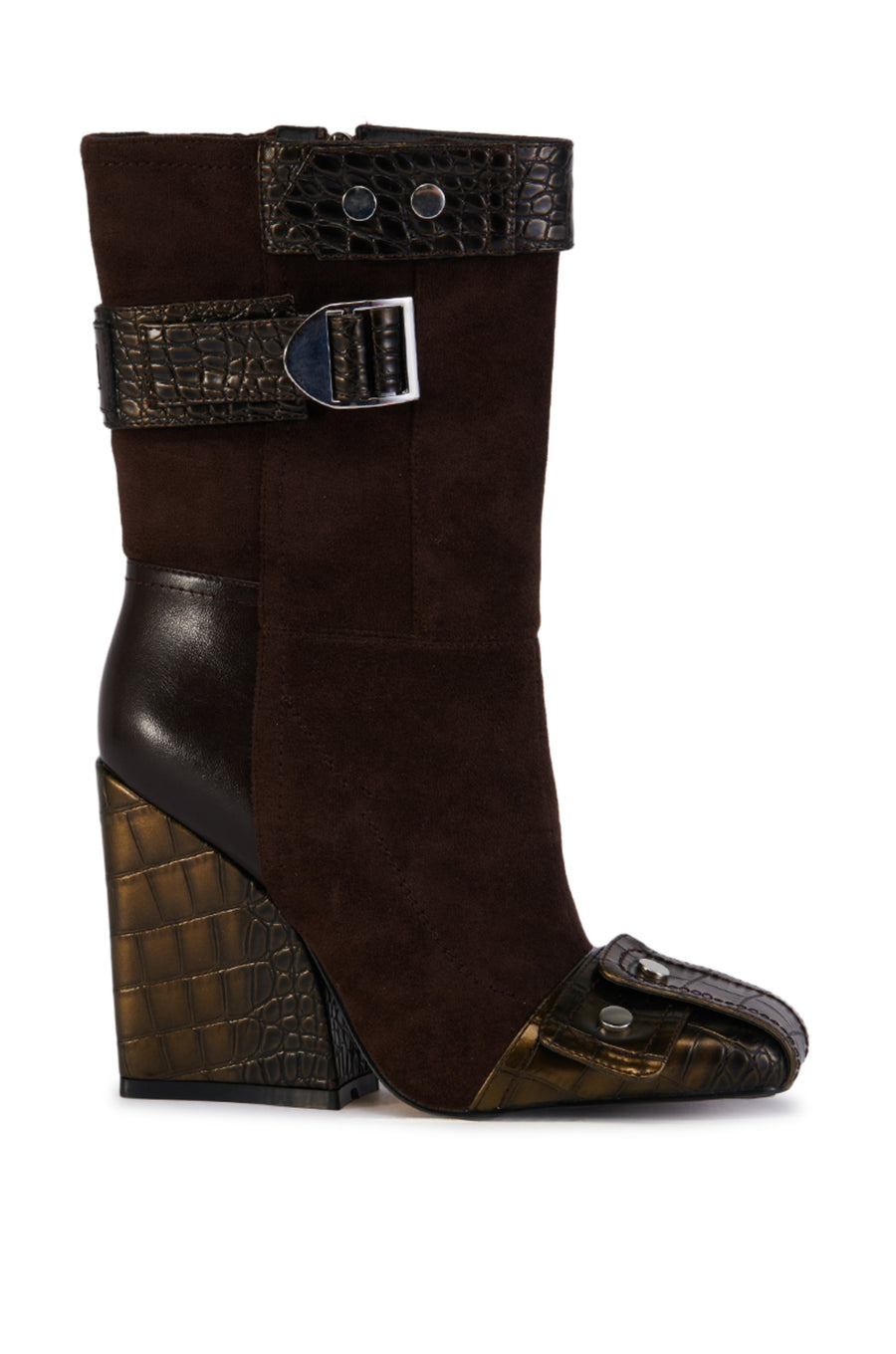 brown faux suede booties with faux croc skin covered black heel and buckle accents