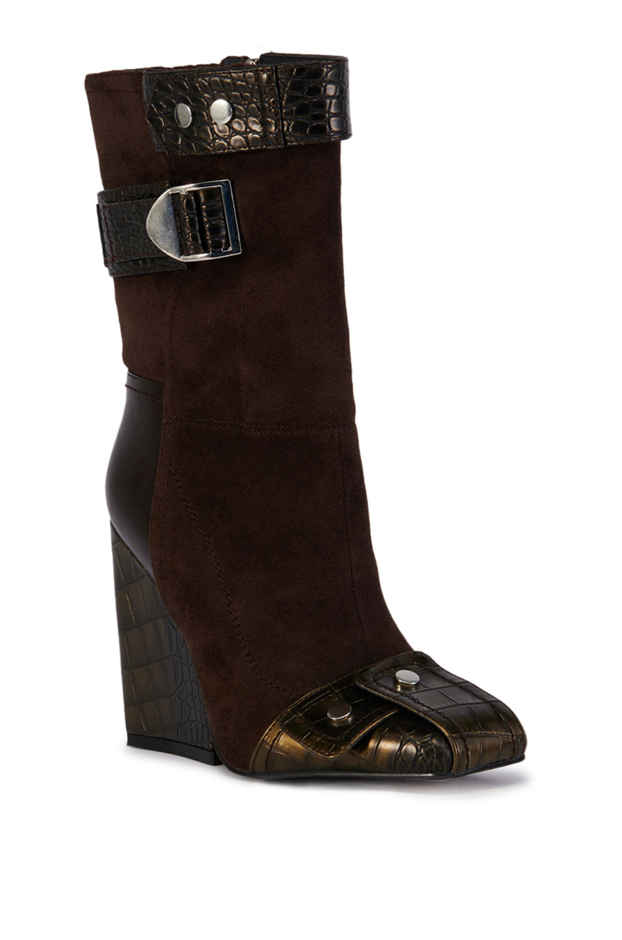 brown faux suede booties with faux croc skin covered black heel and buckle accents