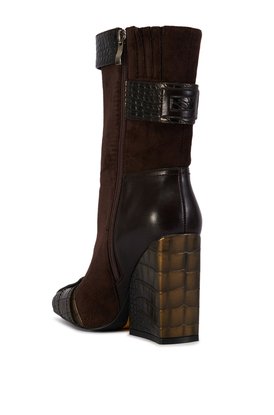 brown faux suede booties with faux croc skin covered black heel and buckle accents