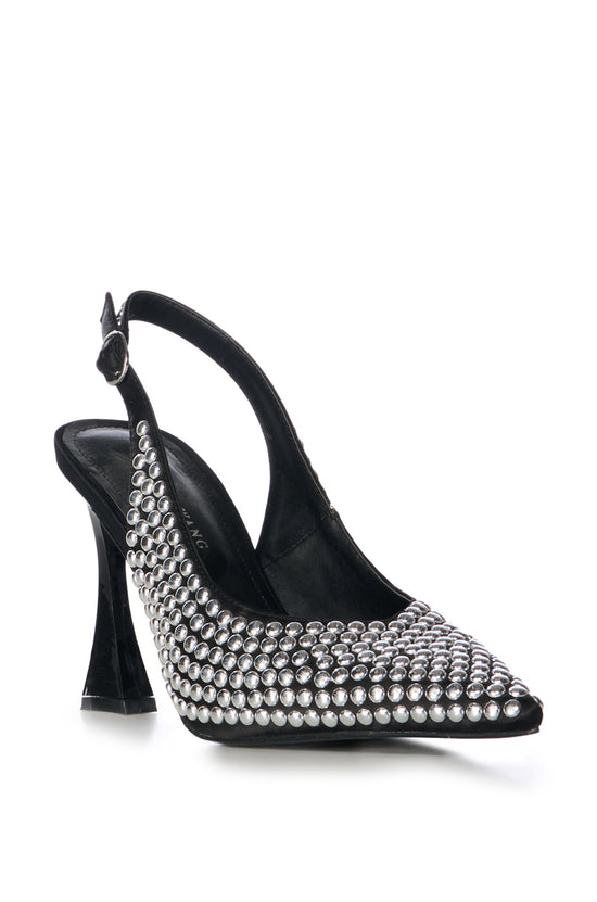 sling back stiletto heels with a pointed toe stilhouette and circular silver studded embellishments all over the upper
