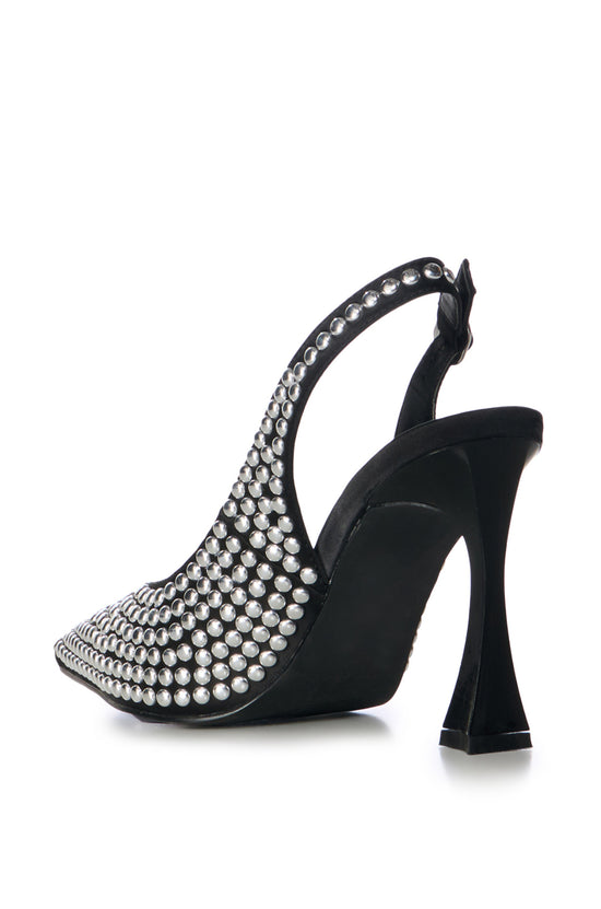 sling back stiletto heels with a pointed toe stilhouette and circular silver studded embellishments all over the upper