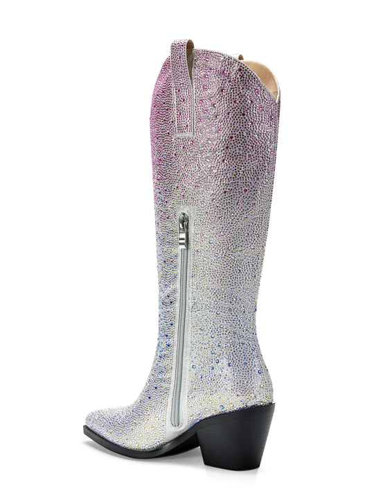 sparkly gradient pink and silver statement western boots with a mid calf length and a black block heel