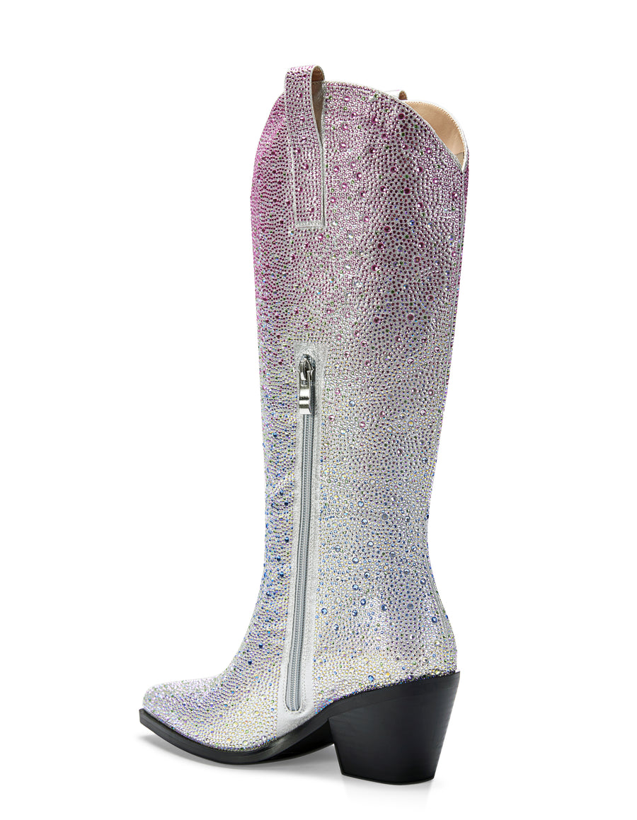 sparkly gradient pink and silver statement western boots with a mid calf length and a black block heel