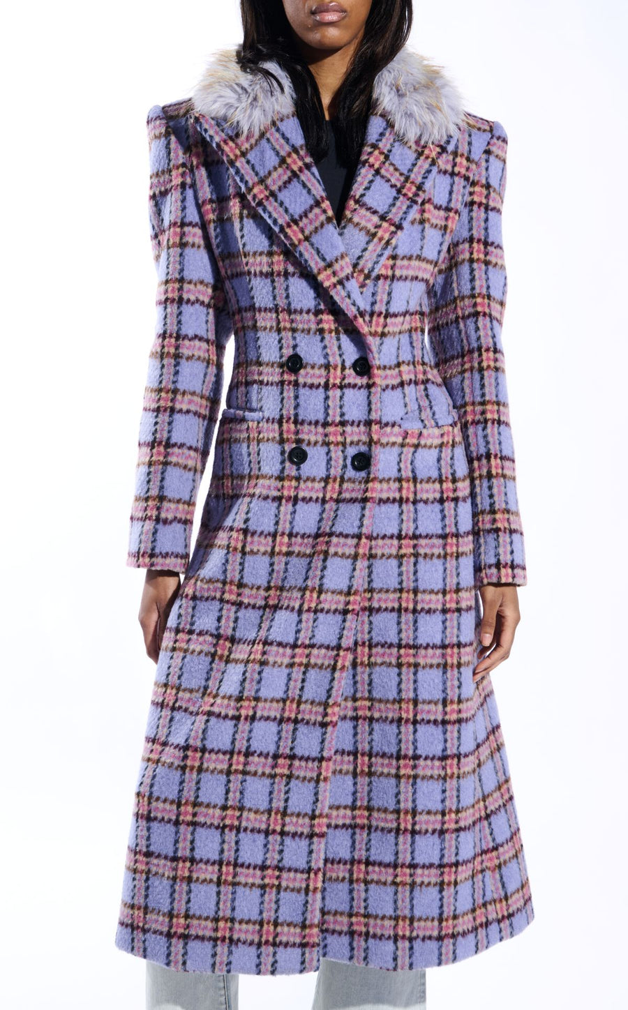 ALYSSA-LAVENDER FAUX FUR PLAID COAT