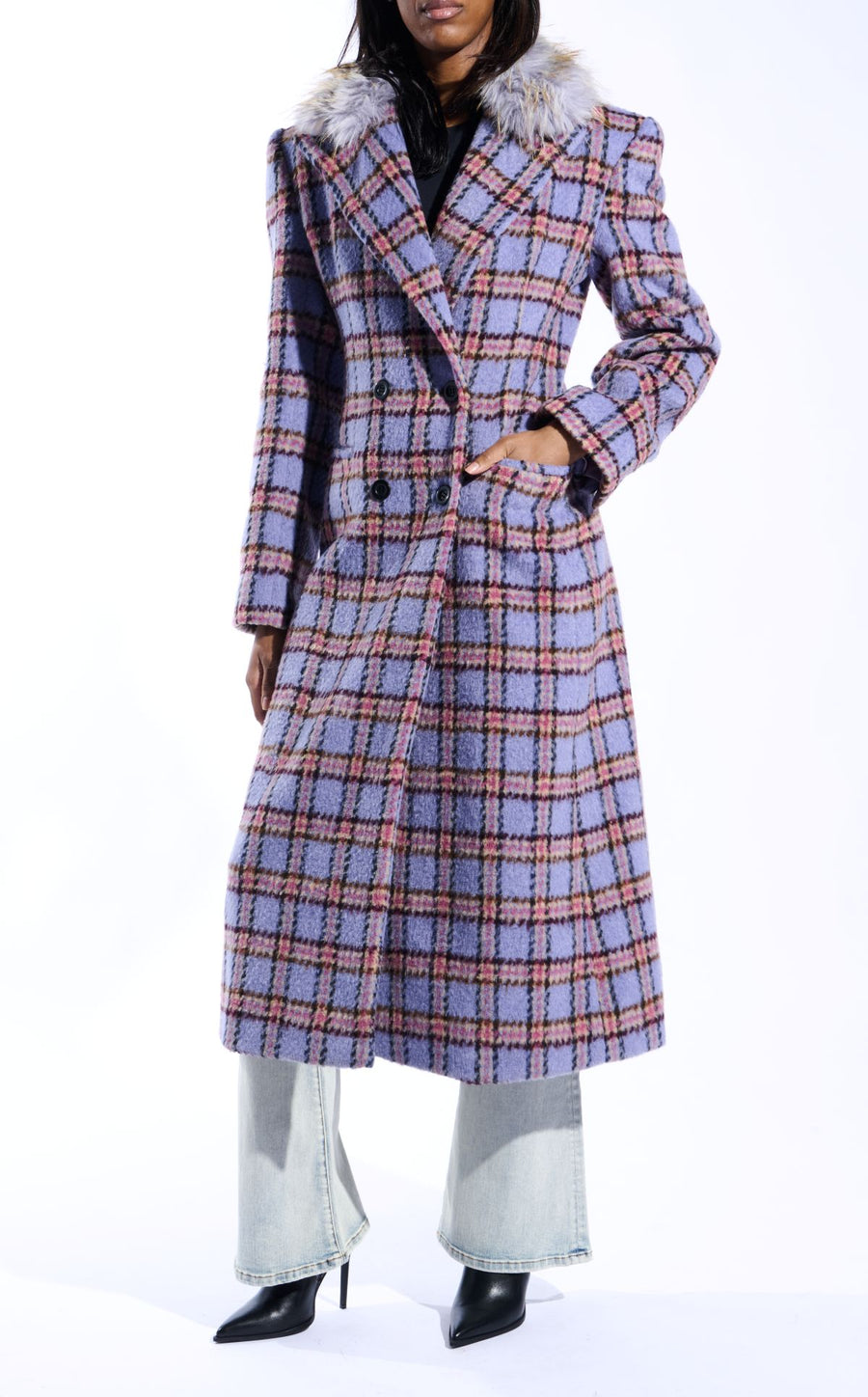 ALYSSA-LAVENDER FAUX FUR PLAID COAT
