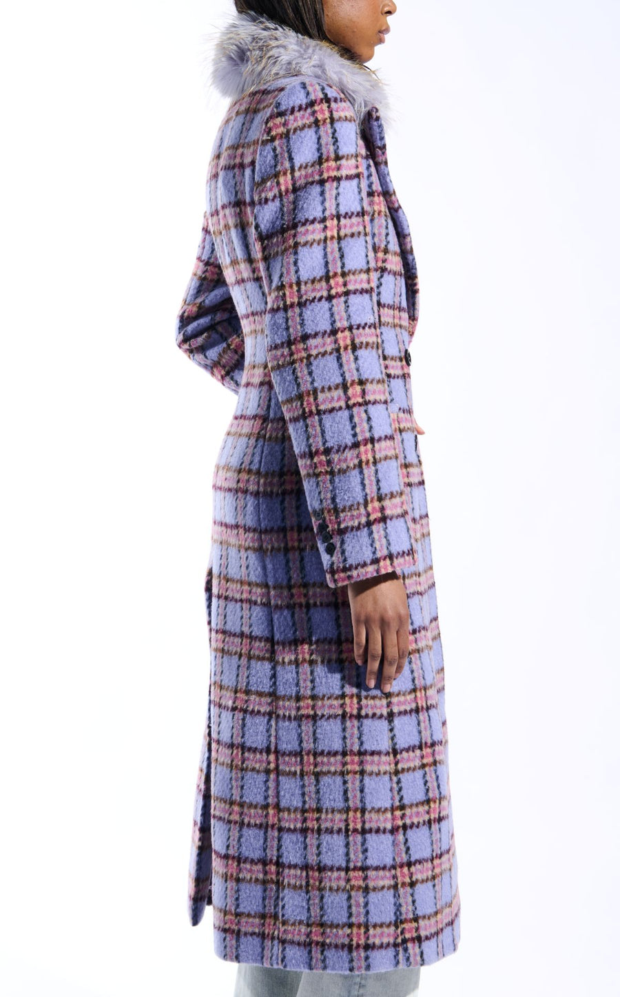 ALYSSA-LAVENDER FAUX FUR PLAID COAT