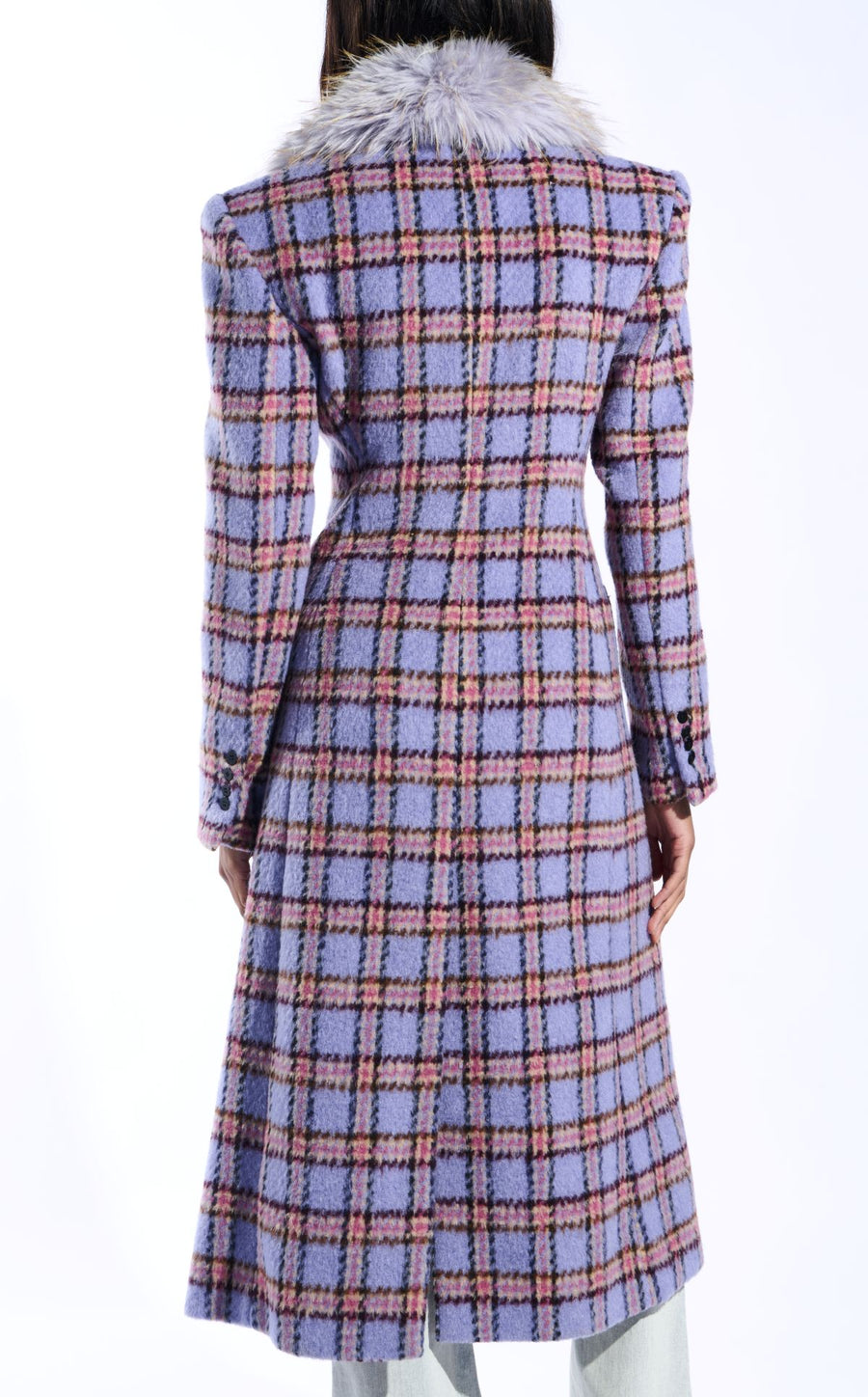 ALYSSA-LAVENDER FAUX FUR PLAID COAT