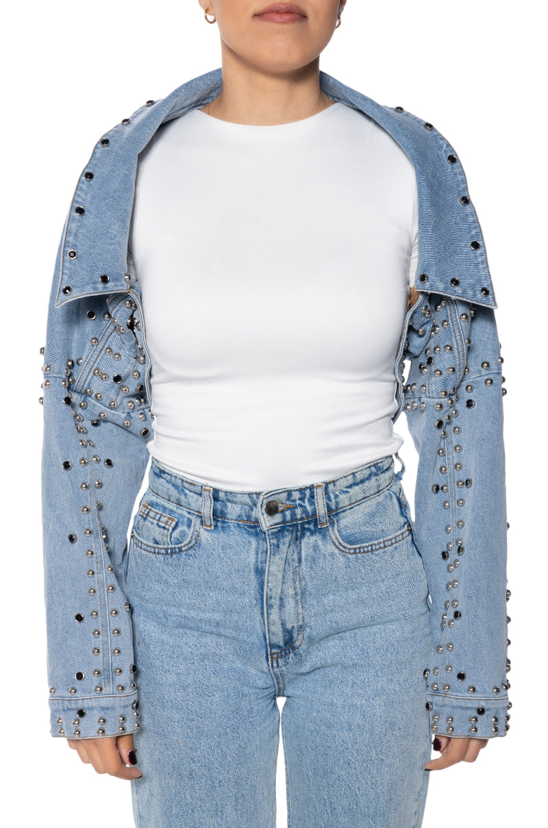light wash denim ultra cropped jacket with circular stud accents lining the seams