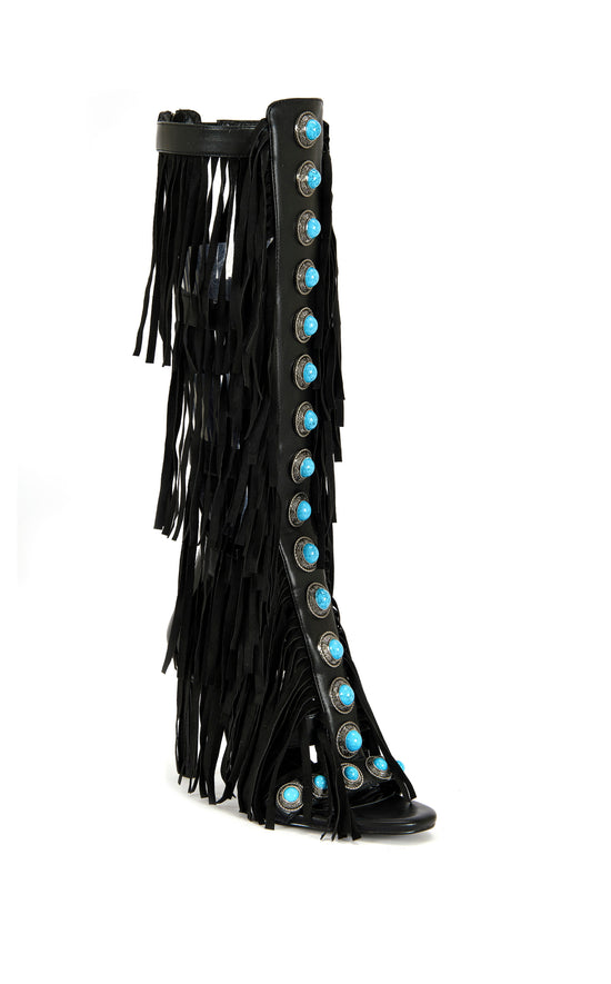 AMADEO-BLACK FRINGE GLADIATOR SANDAL BOOT