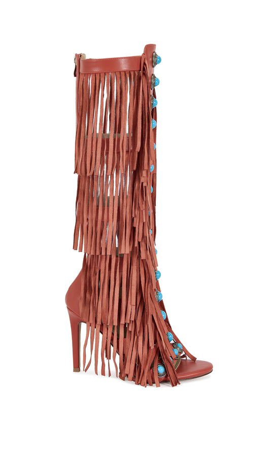 AMADEO-RED FRINGE GLADIATOR SANDAL BOOT