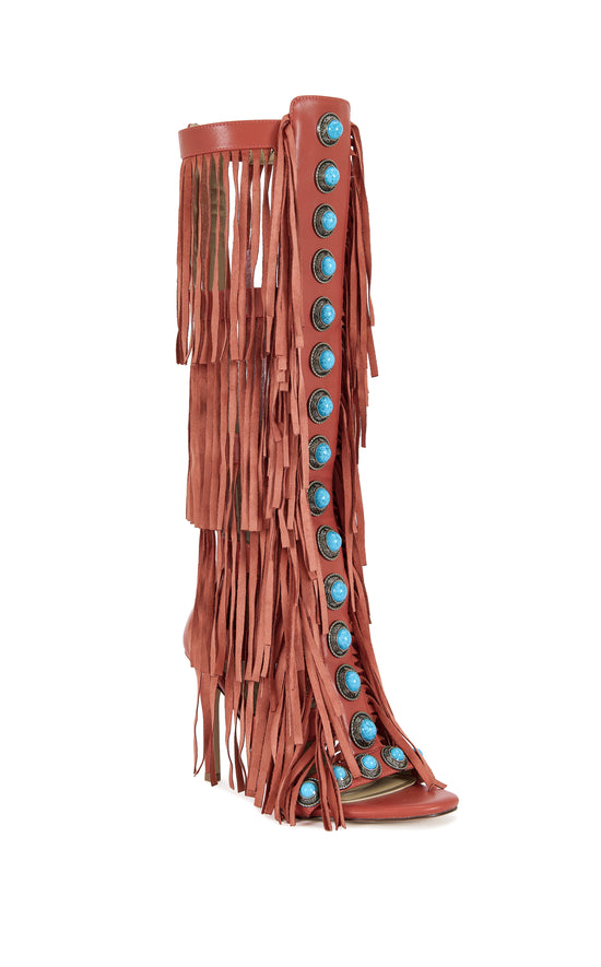 AMADEO-RED FRINGE GLADIATOR SANDAL BOOT