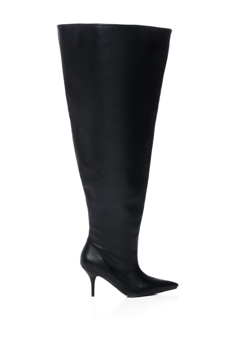 black faux leather flair knee-high heeled boots