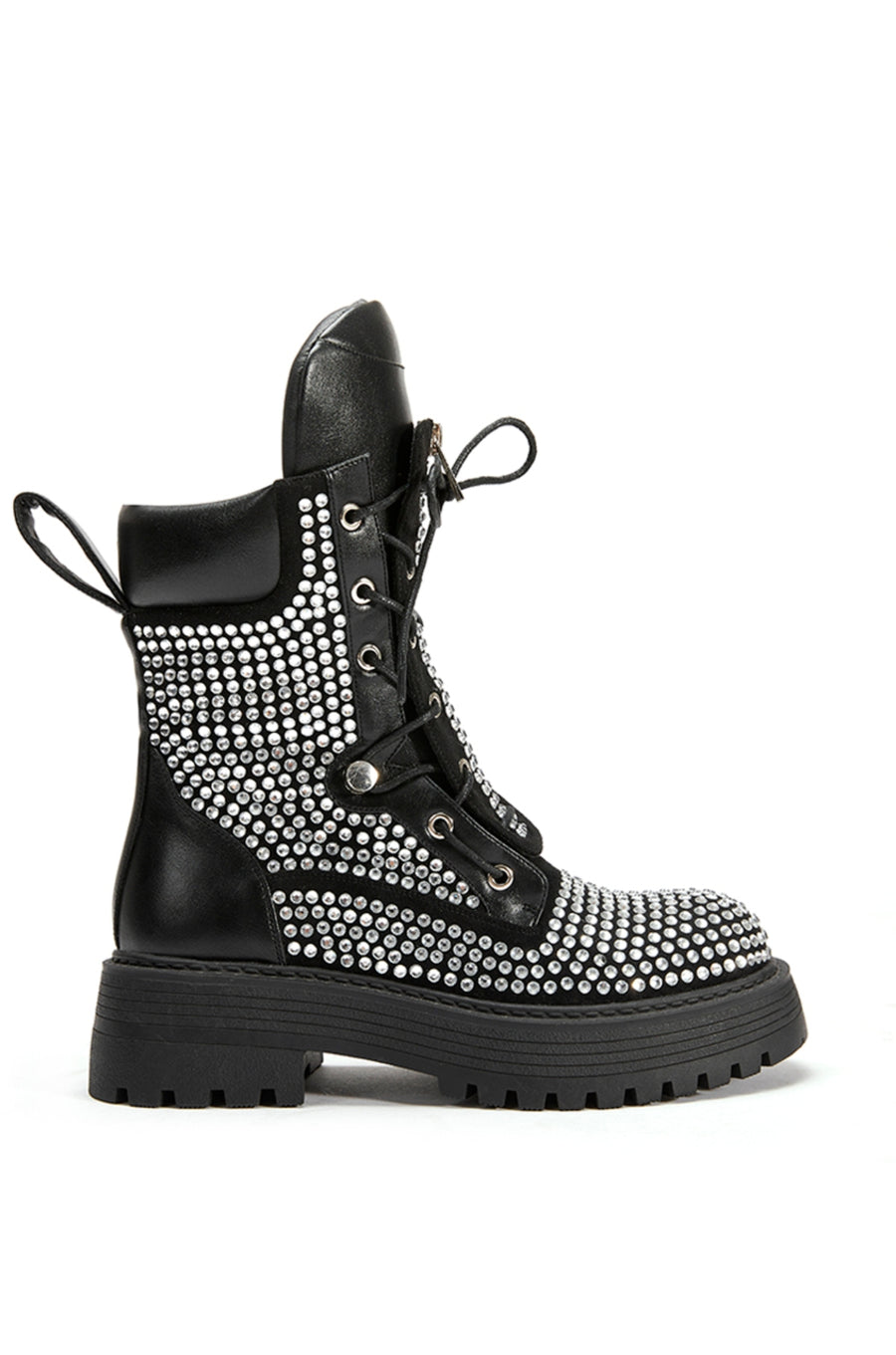 side view of sturdy black combat boots with a platform sole and silver rhinestone accent