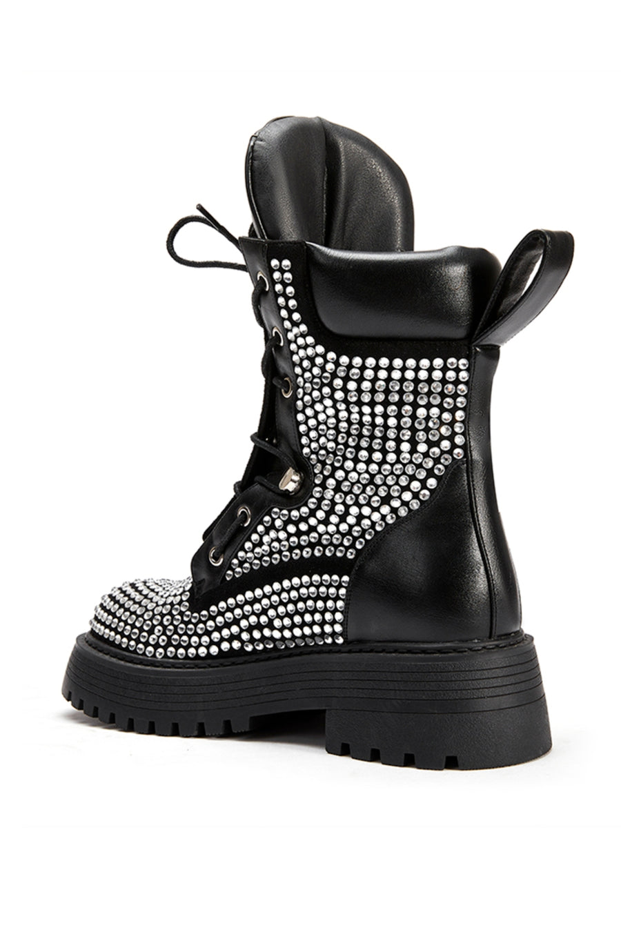 back view of sturdy black combat boots with a platform sole and silver rhinestone accent