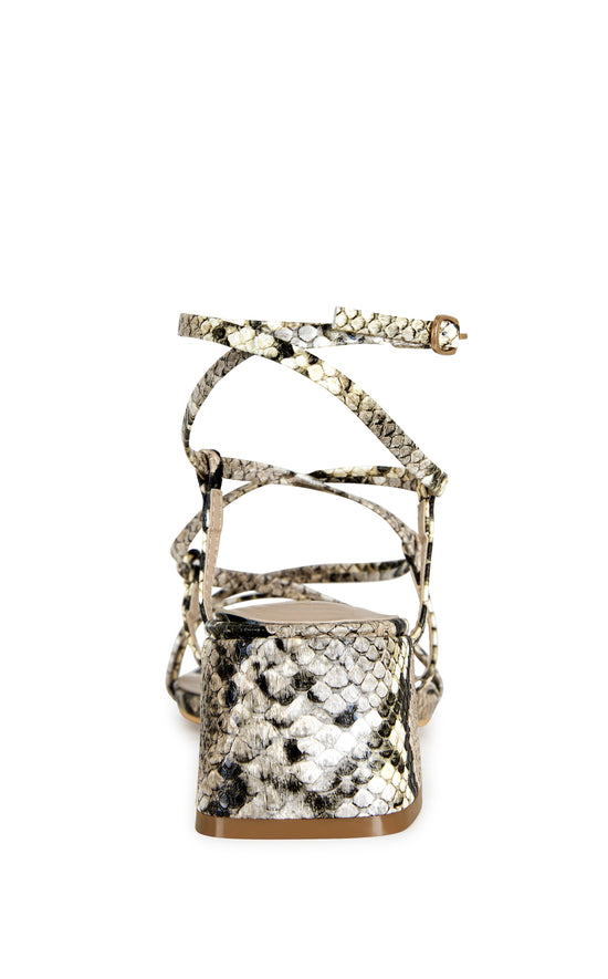 snake print faux leather strappy sandals with a square block heel and an adjustable ankle strap