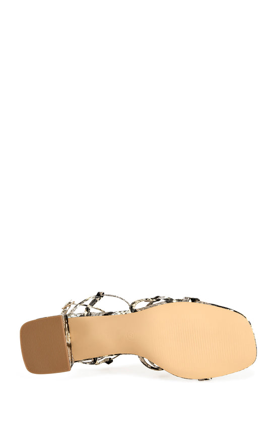 snake print faux leather strappy sandals with a square block heel and an adjustable ankle strap