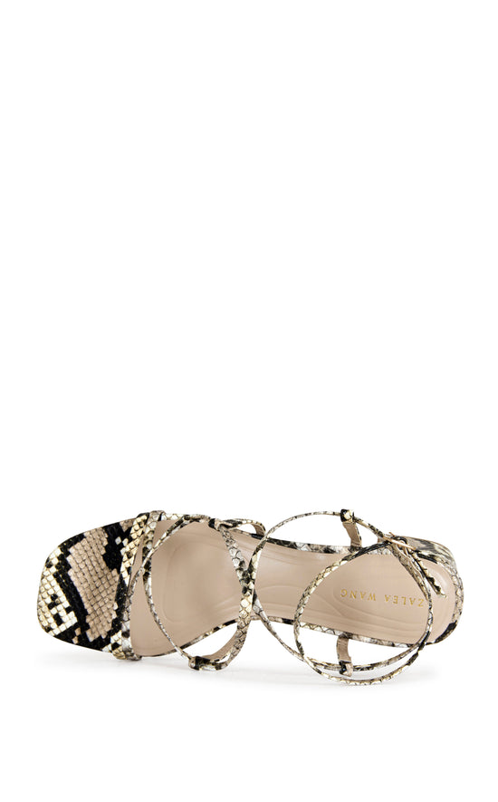 snake print faux leather strappy sandals with a square block heel and an adjustable ankle strap
