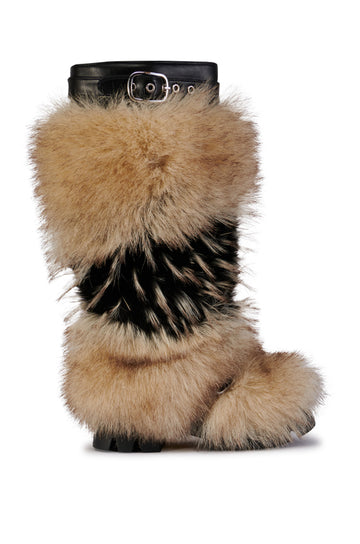 black faux leather knee high boot with a chunky sole and brown faux fur overlay on the shaft