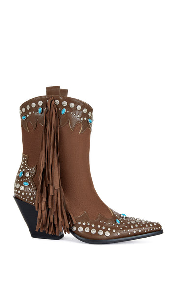 brown faux suede ankle bootie with turquoise and silver stud embellishments and finished with faux suede fringe