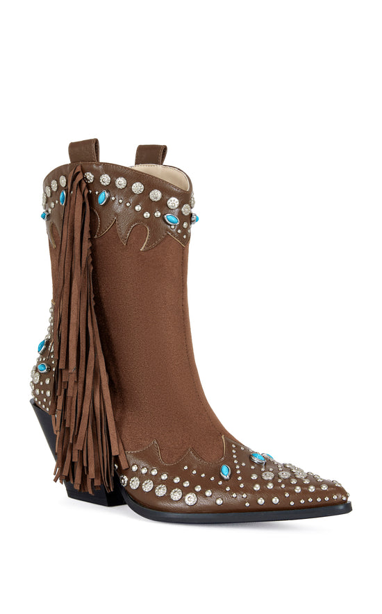 brown faux suede ankle bootie with turquoise and silver stud embellishments and finished with faux suede fringe