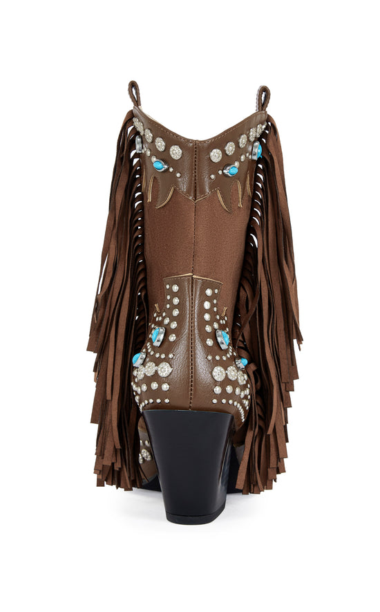 brown faux suede ankle bootie with turquoise and silver stud embellishments and finished with faux suede fringe